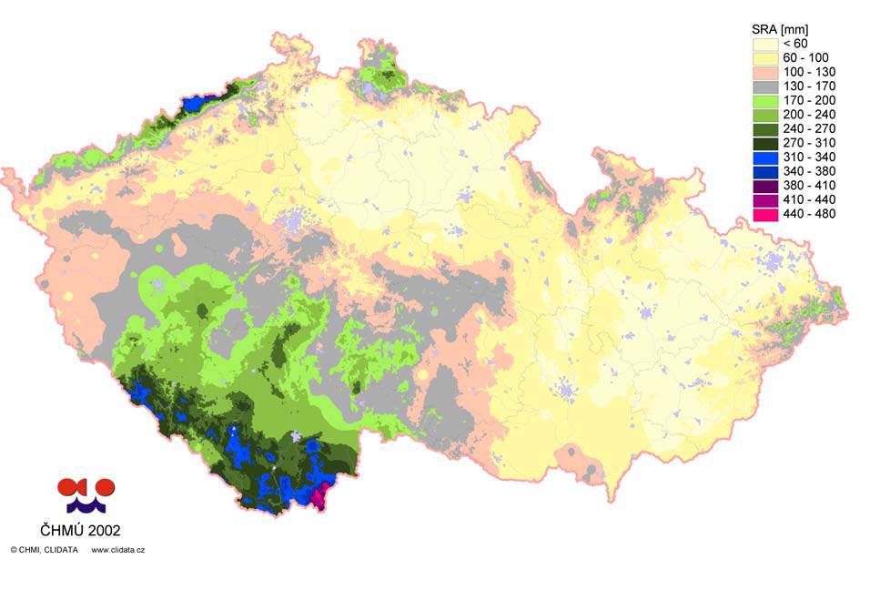 Mapa úhrnů srážek za období od 6. do 15. srpna 2002